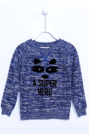 Navy Blue Printed Long Sleeve Knitwear Sweater|T 210689
