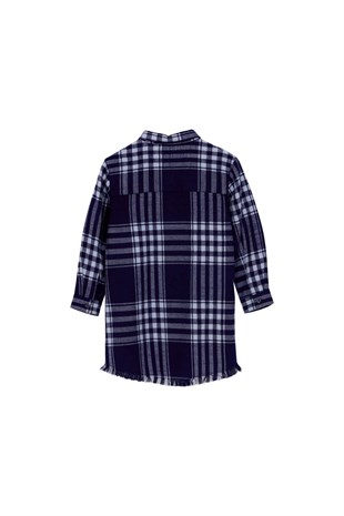Navy Blue Front Buttoned Checked Pocketed Long Sleeve Hem Tassel Detailed Woven Shirt|GC 210252