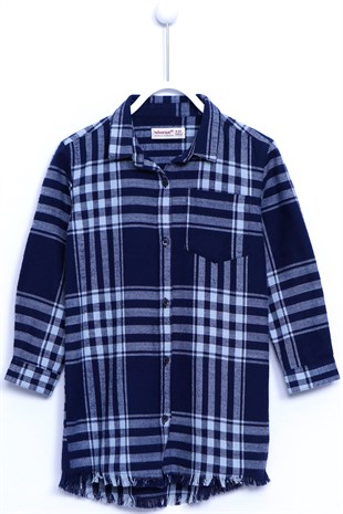 Navy Blue Front Buttoned Checkered Hem Long Sleeve Woven Shirt with Tassels|GC 310252