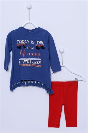 Navy Blue Printed Hem Asymmetrical Cut and Pompom Long Sleeved T-Shirt and Knitted Tights Set |!KT 110439