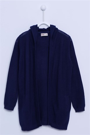 Navy Blue color Hooded Cardigan Hooded Loose Cut Long Sleeve Knitwear Cardigan Boy |T-312639