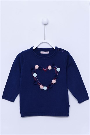 Navy Blue color Pompom Shoulder Button Closure طفل-بناتي Knitwear Sweater |T-113177