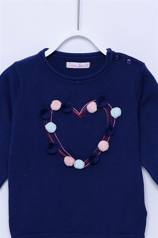 Navy Blue color Pompom Shoulder Button Closure طفل-بناتي Knitwear Sweater |T-113177