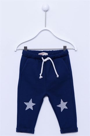 Navy Blue Star Printed Knitted Sweatpants with Elastic Waist Pockets |JP-112447