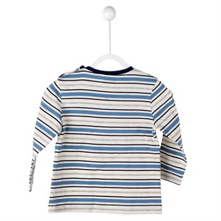 Blue Striped Printed Shoulder Button Closure Long Sleeved T-Shirt | Bk 114711