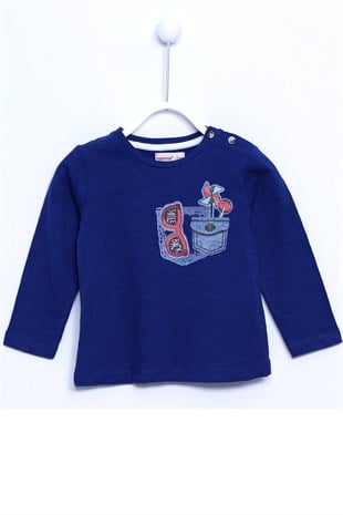 Printed Shoulder Button Closure Crew Collar Knitted Long Sleeved T-Shirt |BK 110075-Blue