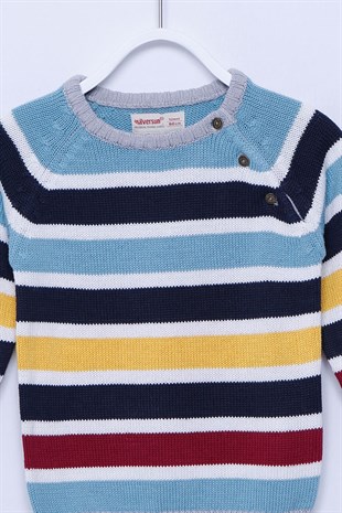 Blue color Sweater with Button Closure on Shoulder Long Sleeve Striped Knitwear Sweater for Bطفل-ولادي|T-112892
