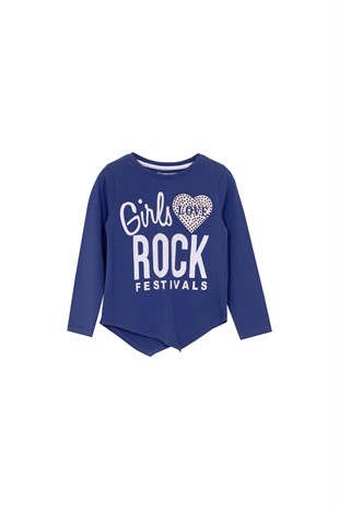 Blue color T-Shirt Knitted Long Sleeved Printed Stones Asymmetrical T-Shirt for Girls |BK 210698