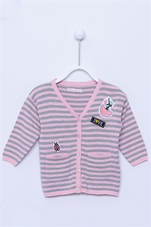 Pink Striped Pocket طفل-بناتي Knitwear Cardigan |T-112537