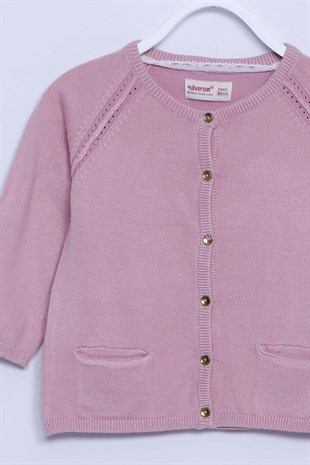 Pink color Pocket Crew Neck طفل-بناتي Knitwear Cardigan |T 73248