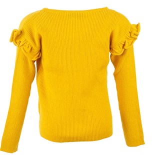 Yellow-color frilly printed long arm girl child sweater | T 214970