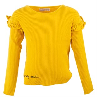 Yellow-color frilly printed long arm girl child sweater | T 214970