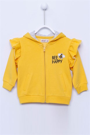 Yellow Embroidered Zippered Pocket and Hooded Ruffle Detailed Sweatshirt |JM-112560