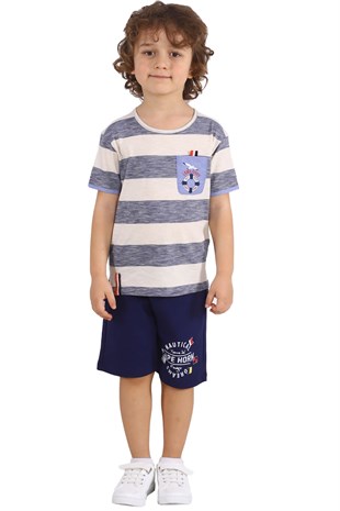 Silversunkids | Boys Kids Navy Blue color Pocket Detailed Bicycle Collar Striped T-Shirts | BK 217994