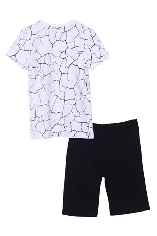 Silversunkids | Young male white color patterned bike collar t-shirts and shorts suit | KT 317819