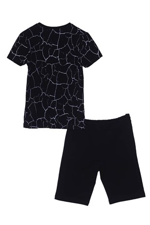 Silversunkids | Young male black colored patterned bicycle collar t-shirts and shorts suit | KT 317819