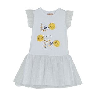 Silversunkids | Kız Çocuk Beyaz Renkli Baskılı Etekleri ve Kolları Tüllü Örme Elbise | EK 215496