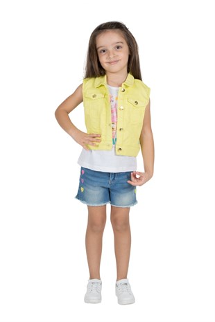 Silversunkids | Kız Çocuk Sarı Renkli Kalp İşlemeli Kolsuz  Kapşonlu Yelek | YC 216040