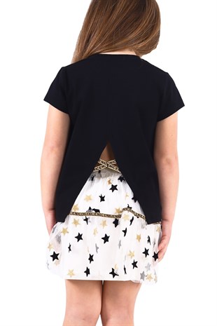 Silversunkids | Girls Children Black Colored T-Shirt and Star Detailed Tulle Skirt Team | Kt 217898