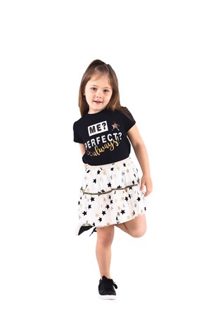 Silversunkids | Girls Children Black Colored T-Shirt and Star Detailed Tulle Skirt Team | Kt 217898