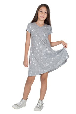 Silversunkids | Girl teenager gray melange color star printed short sleeve dress knitted dress | Additional 315919