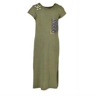 Silversunkids | Kız Genç Haki Renkli Payet Detaylı Yırtmaçlı Örme Elbise | EK 315930