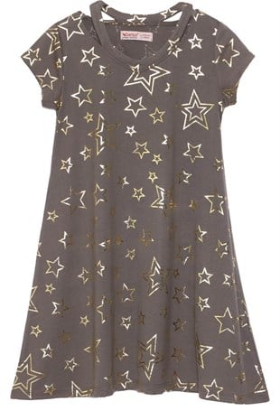 Silversunkids | Girl Young Khaki color Star Printed Short Sleeve Dress Knitted Dress | Additional 315919