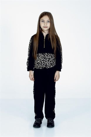 Black Color Leopard Pattern Printed Hooded Zipper Accessory Long Sleeve Girls T-Shirt|JS 315201