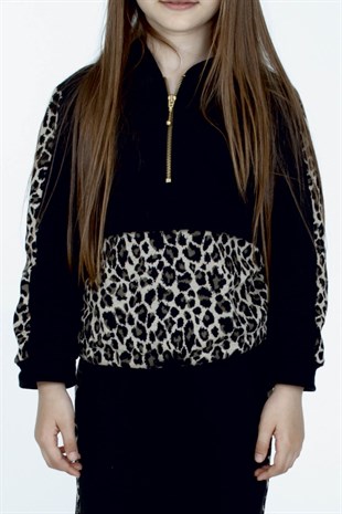 Black Color Leopard Pattern Printed Hooded Zipper Accessory Long Sleeve Girls T-Shirt|JS 315201