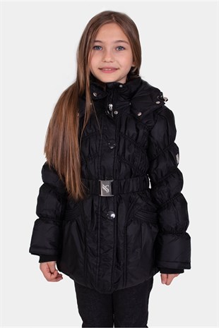 Black color Hat With Belt and Crochet Cuffs Elastic Inflatable Girls Coat|MC 9106