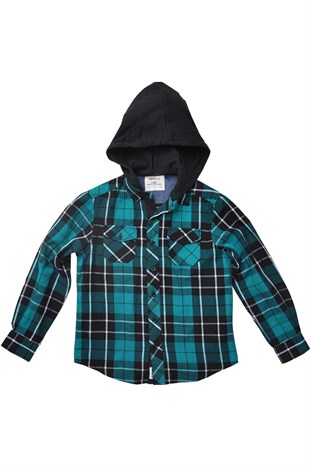Green color Shirt Knitted Long Sleeved Pockets Hooded Check Shirt Boy |GC 75181